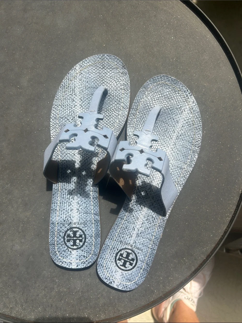 Tory Burch Light Blue Snake-Print Logo Sandals